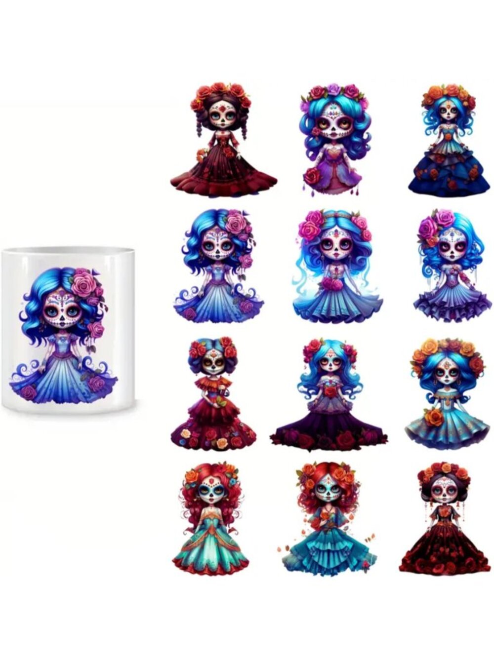 Mexican Sugar Skull UV DTF Waterproof Tumbler Stickers 4 Sheets 12 Total Decals